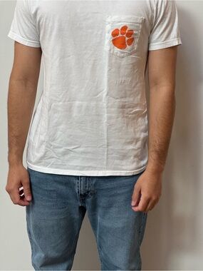 Clemson University Vintage White Pocket Tee with Orange Paw Graphic